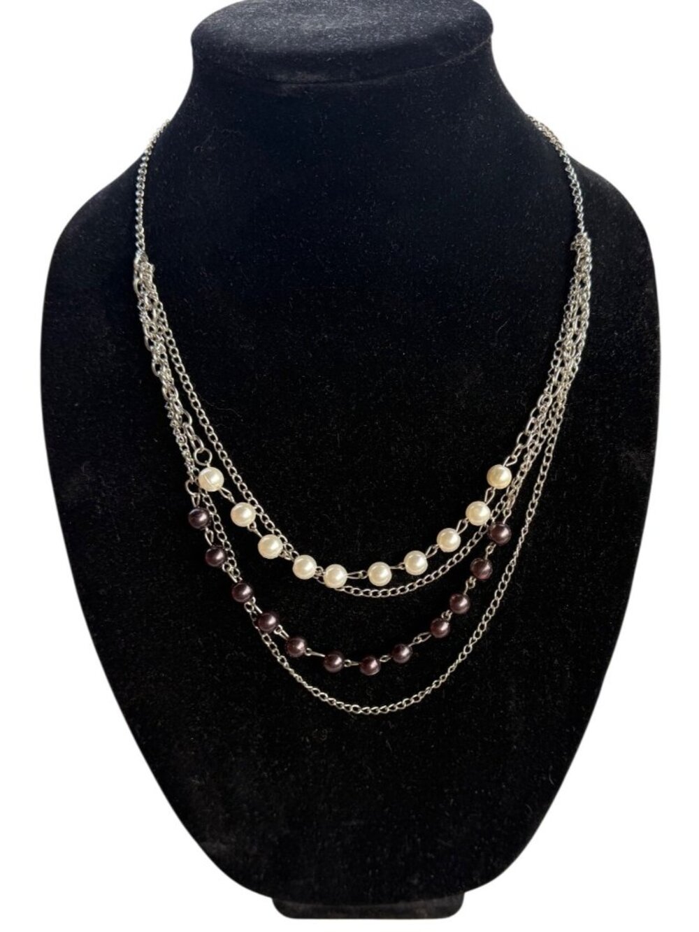 Multi-strand Silver-Tone Necklace w/Layered Chain-White & Smoky Gray Faux Pearls